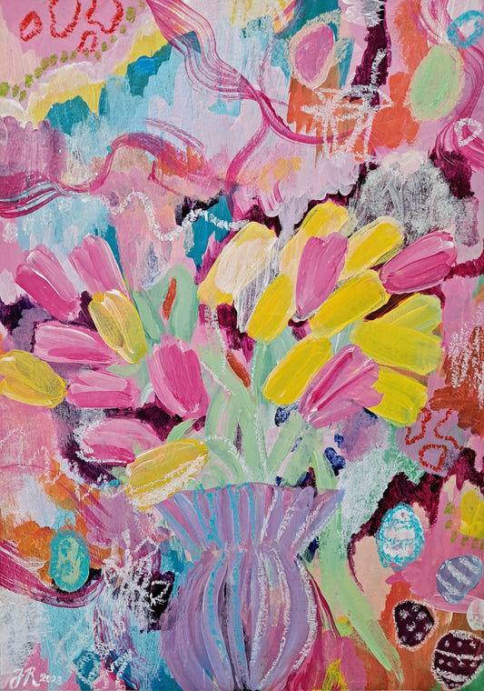 "Kevään karkelot" maalaus paperille