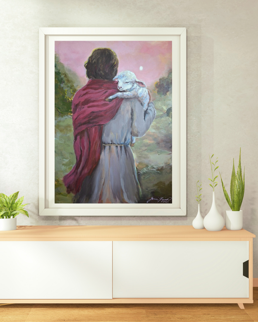 Hyvän paimenen sylissä fine art -printti 70 x 50 cm ENNAKKOTILAUS