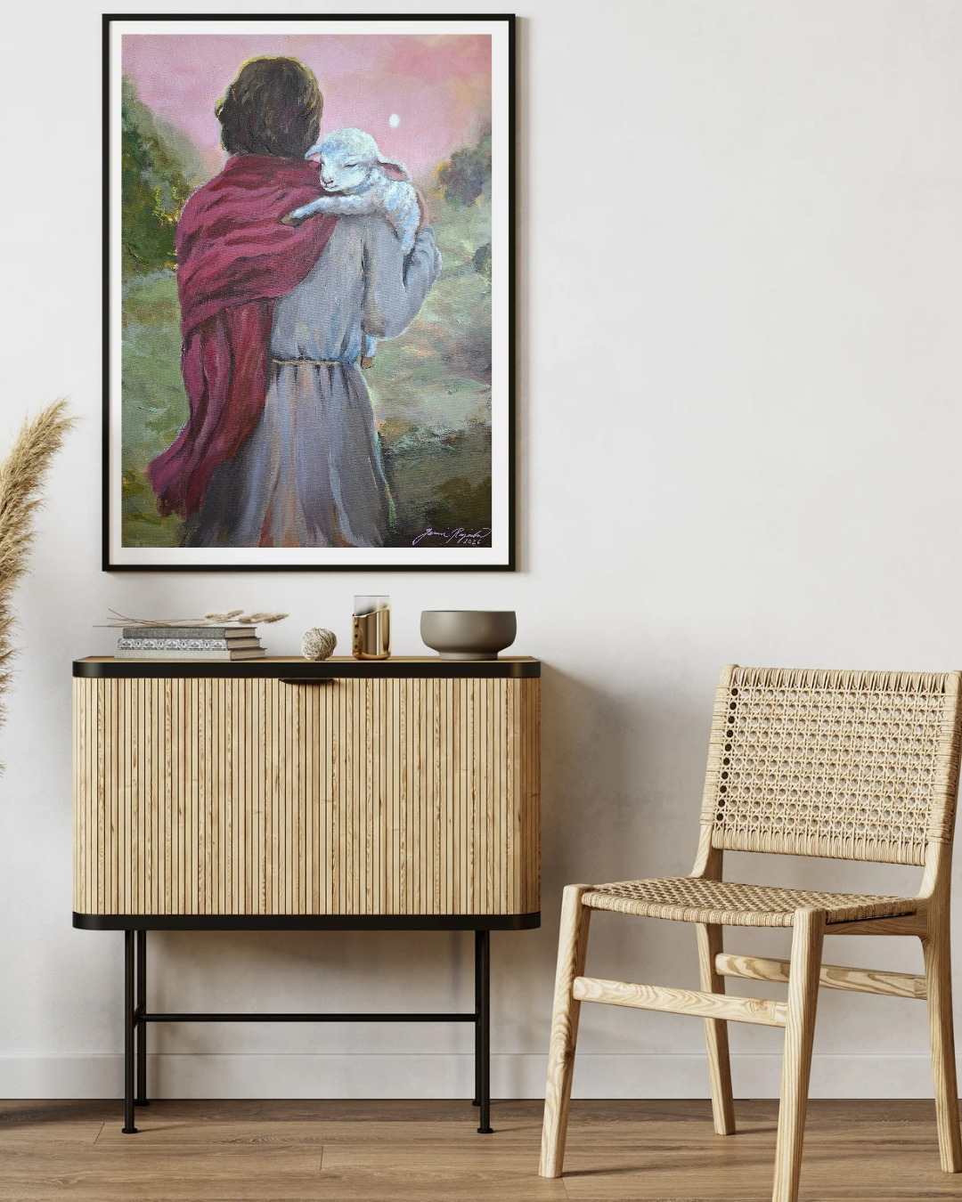 Hyvän paimenen sylissä fine art -printti 70 x 50 cm ENNAKKOTILAUS